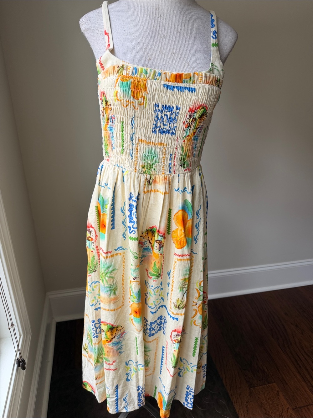 Cream Tropical-Print Smocked Sundress with Spaghetti Straps